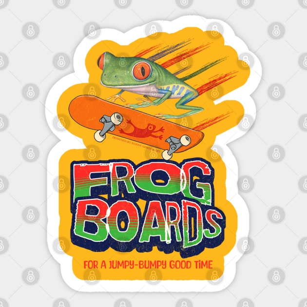 Cute and Funny red eyed tree frog is having a good time on a skateboard with frog boards having a jumpy and bumpy good time Sticker by Danny Gordon Art